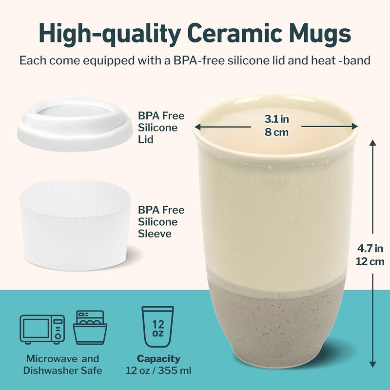NOVA CERAMICS كوب السفر من سيراميك نوفا – كوب القهوة المتنقل – كوب قهوة قابل لإعادة الاستخدام فريد للاستخدام أثناء التنقل – كوب قهوة أبيض آمن للاستخدام في الميكروويف وغسالة الأطباق – هدايا للنساء والرجال – 12 أونصة – ضباب البحر - Image 3