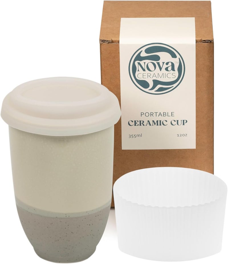 NOVA CERAMICS كوب السفر من سيراميك نوفا – كوب القهوة المتنقل – كوب قهوة قابل لإعادة الاستخدام فريد للاستخدام أثناء التنقل – كوب قهوة أبيض آمن للاستخدام في الميكروويف وغسالة الأطباق – هدايا للنساء والرجال – 12 أونصة – ضباب البحر - Image 1