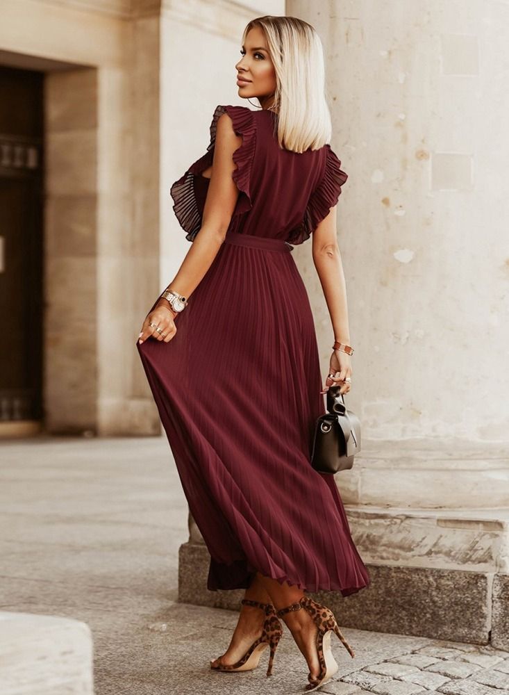 Loquat Fashion Temperament Slim-fit Lotus Leaf Sleeve Chiffon Pleated Dress  - Image 2