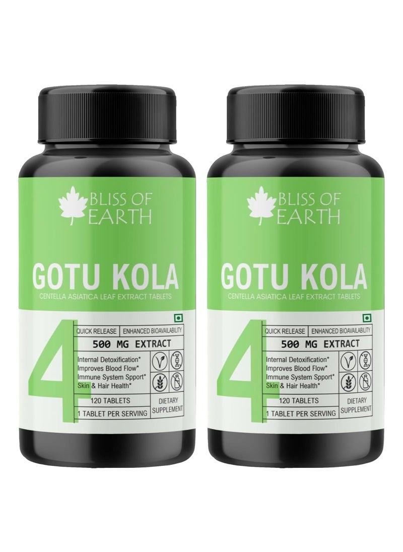BLISS OF EARTH - Bliss of Earth High Potency Brahmi Gotu Kola Extracts Tablets 500mg With Quick Release and Enhanced Bioavailability, Brain & Nervous System Support, 120 Tablets (Pack Of 2) - Image 1