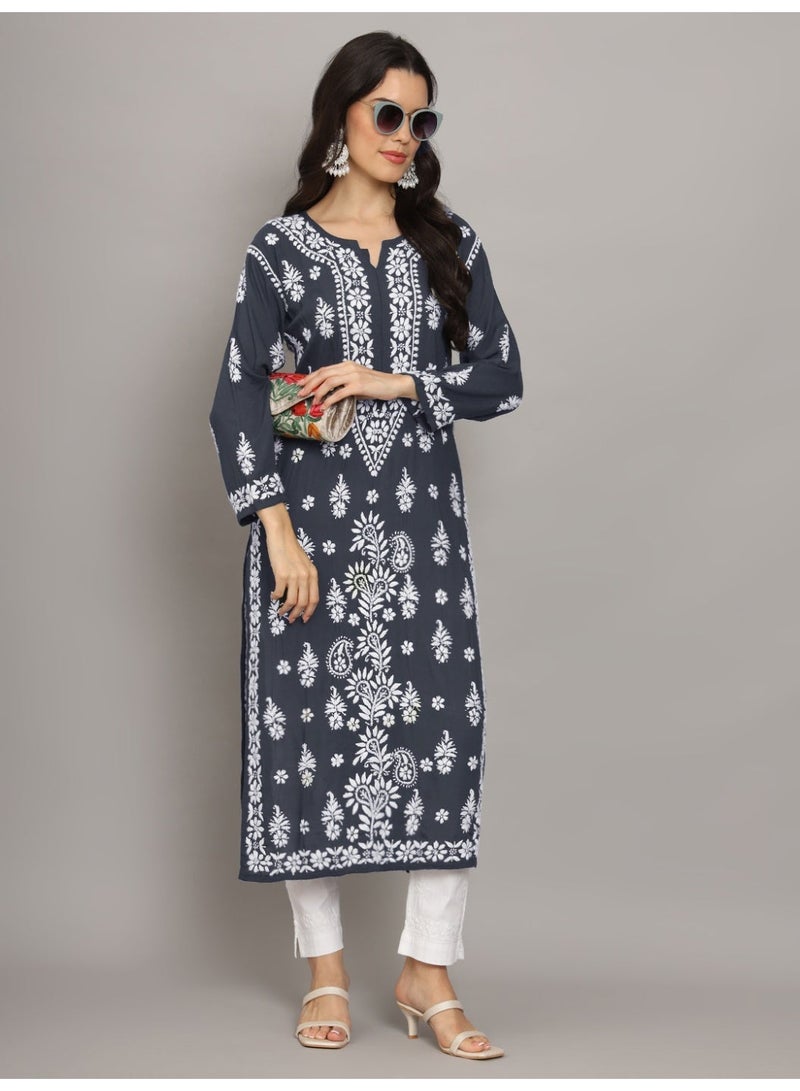 Alaya Women Chikankari Hand Embroidered Modal Kurta -AL4042 - Image 3