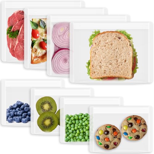 Annaklin Reusable Sandwich Bags & Snack Bags Set, 8 Pack, 100% Silicone Reusable Storage Bag, Soft Shell Ziplock Silicone Food Storage Containers, Freezer Microwave Oven Dishwasher Safe, Translucent - Image 1