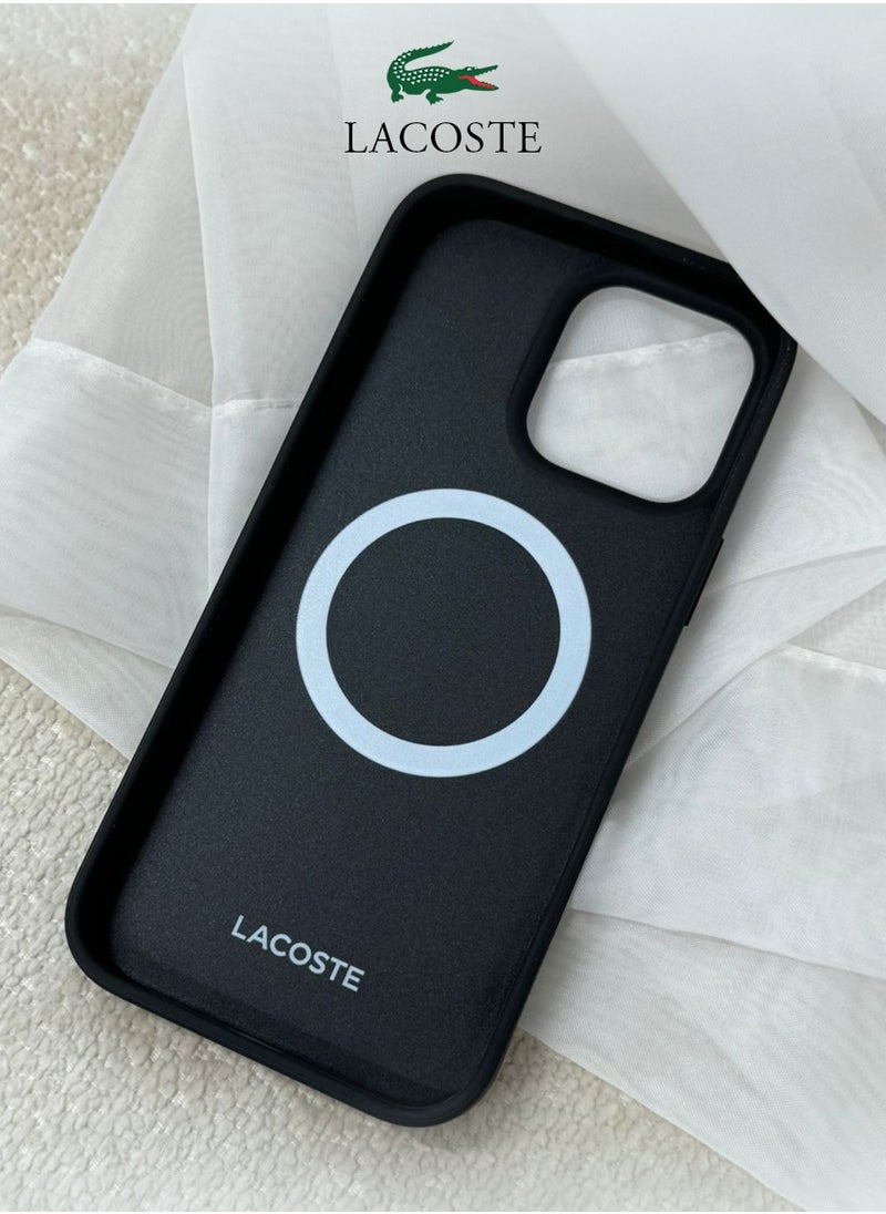 IPhone 16 Pro Max Case, supports wireless charging, MagSafe, with original logo and leather design approved by the global brand Lacoste. From CG Mobile. Black