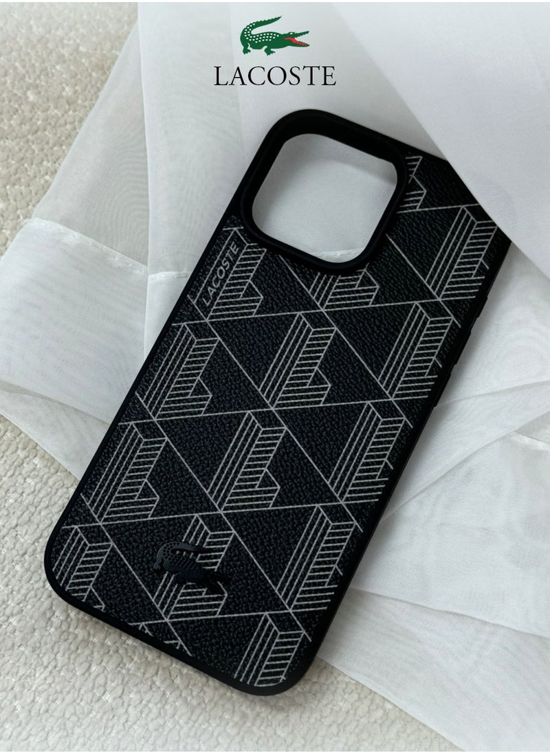 IPhone 16 Pro Max Case, supports wireless charging, MagSafe, with original logo and leather design approved by the global brand Lacoste. From CG Mobile. Black