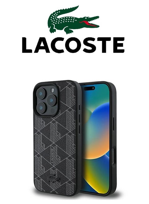 IPhone 16 Pro Max Case, supports wireless charging, MagSafe, with original logo and leather design approved by the global brand Lacoste. From CG Mobile. Black