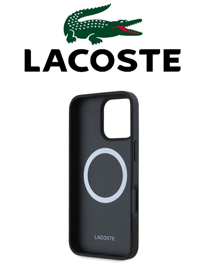 IPhone 16 Pro Max Case, supports wireless charging, MagSafe, with original logo and leather design approved by the global brand Lacoste. From CG Mobile. Black