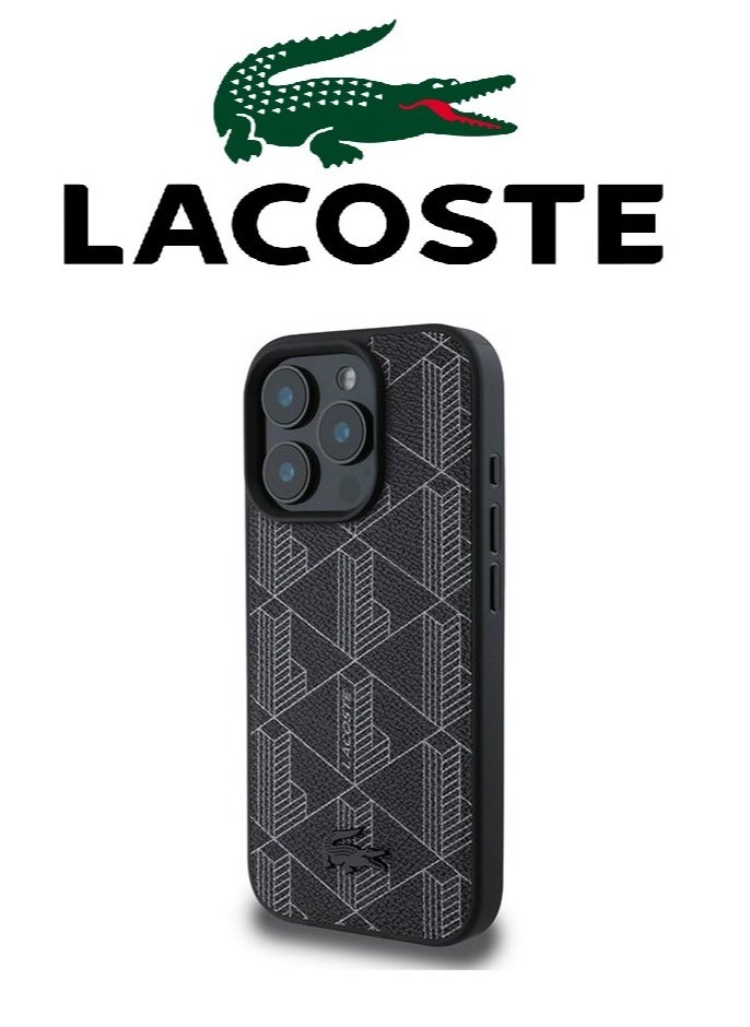 IPhone 16 Pro Max Case, supports wireless charging, MagSafe, with original logo and leather design approved by the global brand Lacoste. From CG Mobile. Black
