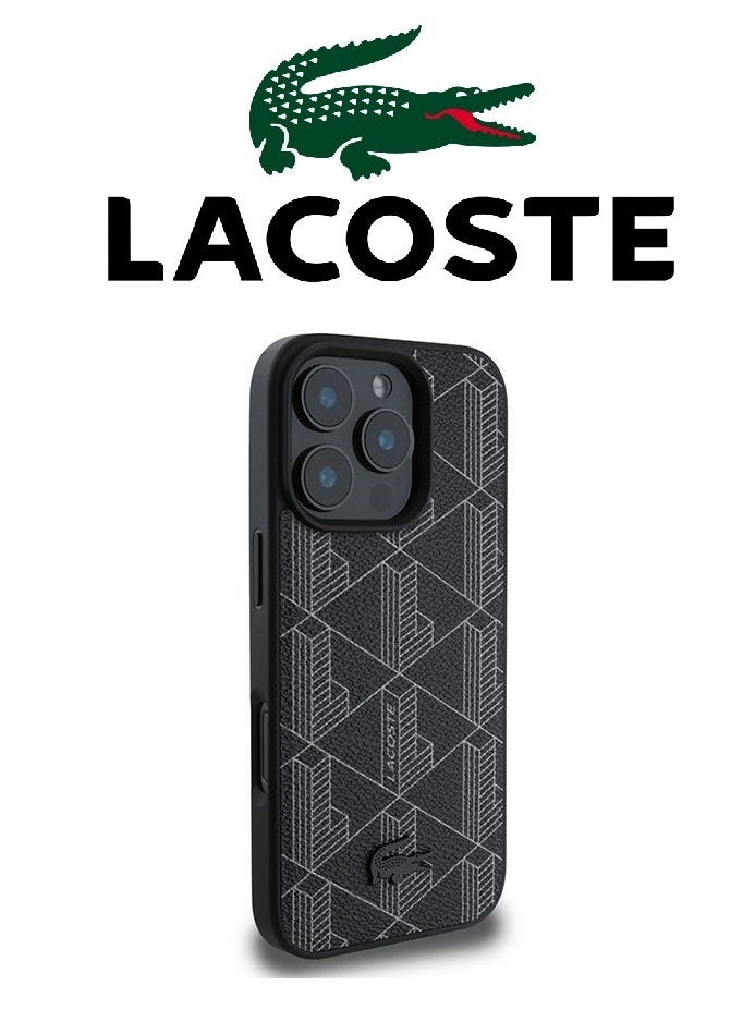 IPhone 16 Pro Max Case, supports wireless charging, MagSafe, with original logo and leather design approved by the global brand Lacoste. From CG Mobile. Black