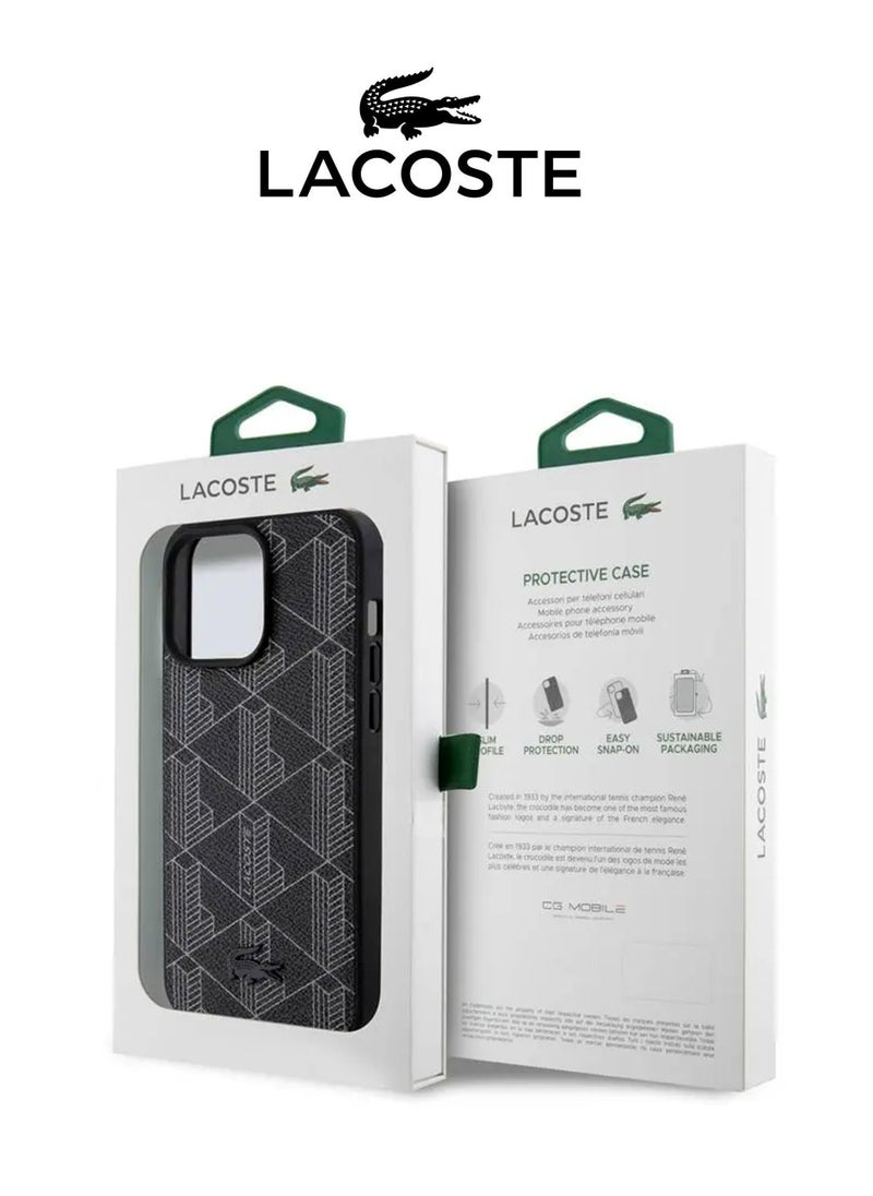 IPhone 16 Pro Max Case, supports wireless charging, MagSafe, with original logo and leather design approved by the global brand Lacoste. From CG Mobile. Black
