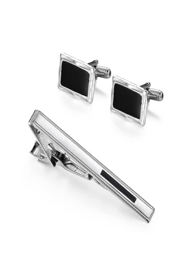 UJOY Cufflinks and Tie Clips Set Enamel Black in Gift Box Elegant Design - Image 1