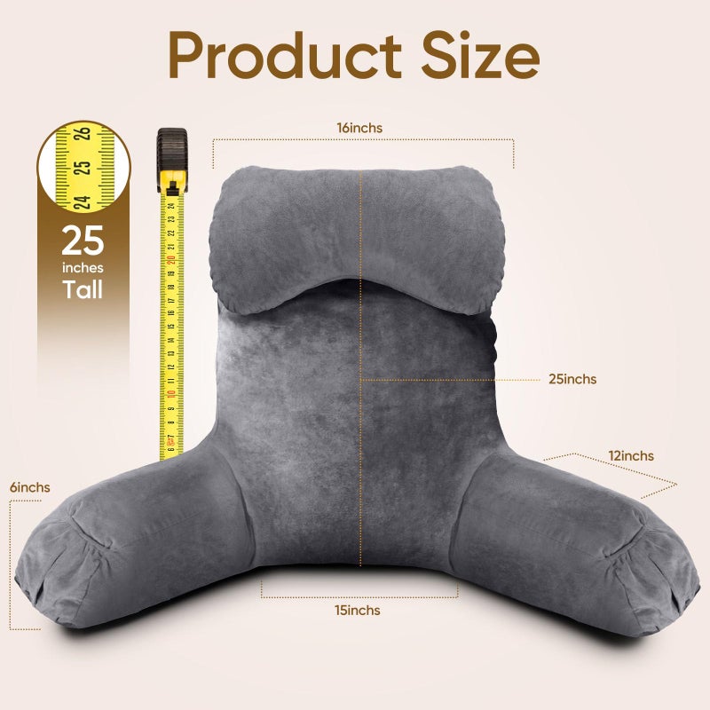 OAISZ Reading Pillow for Sitting in Bed Adult, Bed Pillow with Shredded Memory Foam, 25''H Pillow with Detachable Neck Roll, Washable Cover, Back Pillow Sitting Up with Extend Arms, Gery - Image 4