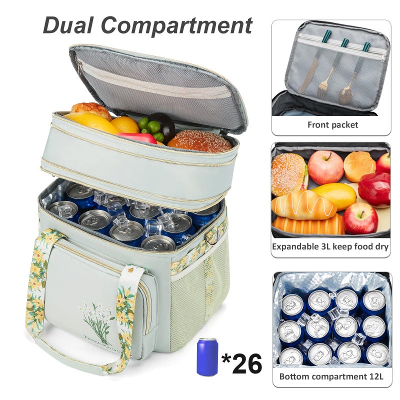 HSHRICH Insulated Lunch Bag for Women/Men, Dual Compartment Waterproof Reusable Large Lunch Box for Adlut Wide-Open Tote Cooler Bag For Working Picnic Hiking (16L, Green-Flowers) - Image 2