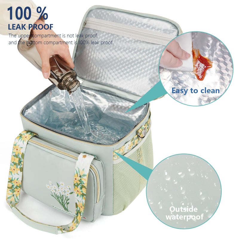 HSHRICH Insulated Lunch Bag for Women/Men, Dual Compartment Waterproof Reusable Large Lunch Box for Adlut Wide-Open Tote Cooler Bag For Working Picnic Hiking (16L, Green-Flowers) - Image 4