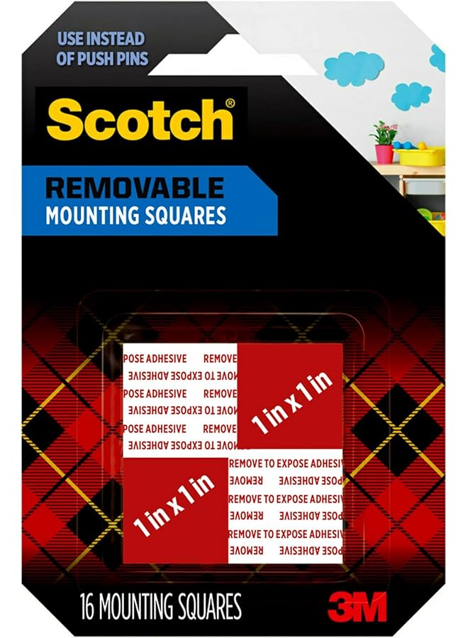 Scotch  Scotch Mount Removable Squares 1 in x 1 in (25.4mm x 25.4mm), 16 Squares/pack | 4 squares Hold up to 0.45 kg | Transparent color | Multi-Surface | Easy to use | No Tools | Double Sided Adhesive Tape  - Image 1