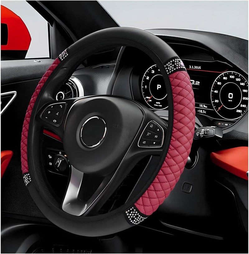 ZNDAW Bling Car Steering Wheel Cover, 15 Inch Sparkly Rhinestone Soft Leather Steering Wheel Protector, Non-Slip Universal Auto Elastic Steering Wheel Covers for Women Girls (Wine Red) - Image 1