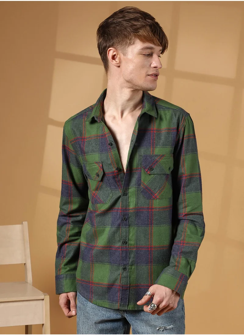 Campus Sutra Men's Forest Green & Indigo Blue Buffalo Check Utility Shirt