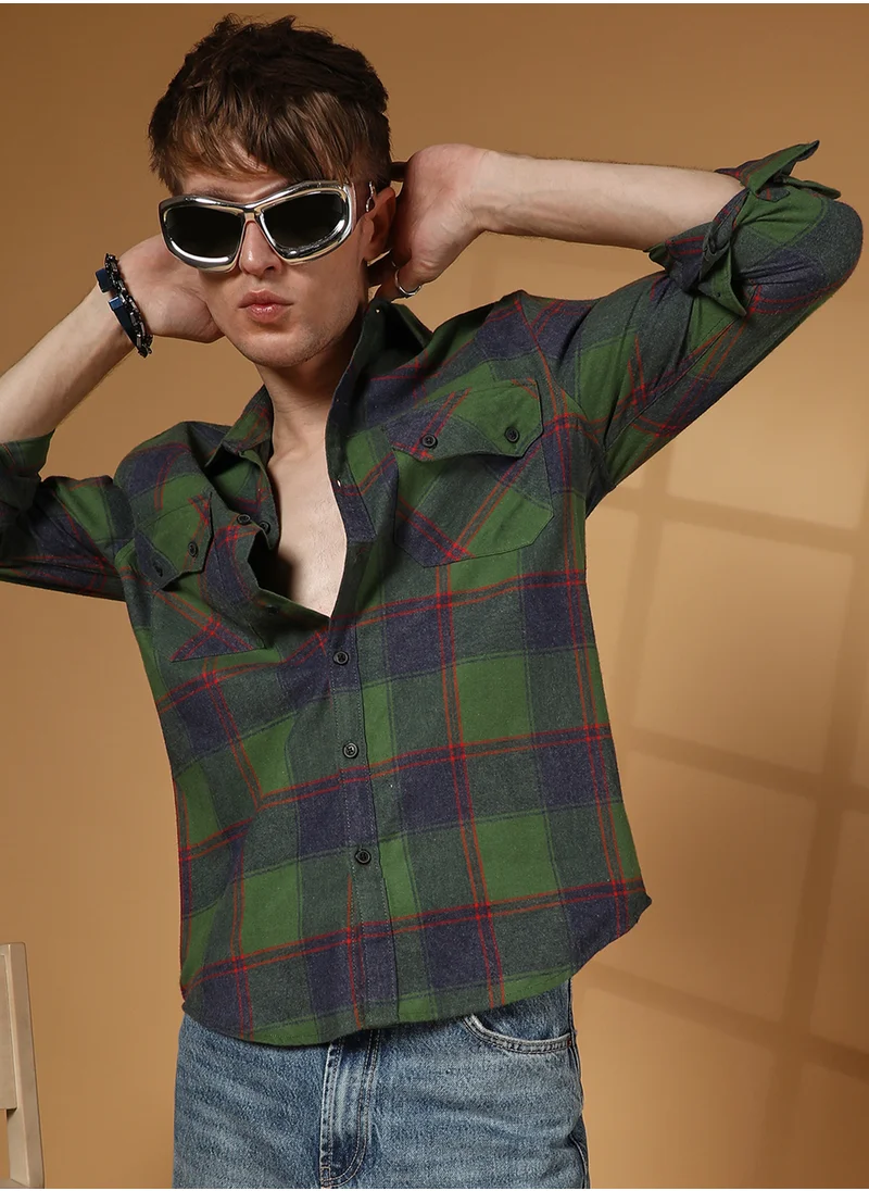 Campus Sutra Men's Forest Green & Indigo Blue Buffalo Check Utility Shirt