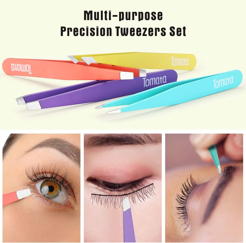 Tomata Tweezers for Eyebrows, Slant Tip and Pointed Eyebrow Tweezer Set Great Precision for Eyebrows Facial Hair, Ingrown Hair, Splinter, Blackhead and Tick Remover (4-piece) (Multi-color) - Image 3