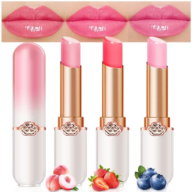 BINGBRUSH Peach Color Changing LipstickMoisturizer Long Lasting Lip Care Lip Balm Magic Lip Gloss Lip Tint Stain Gloss Set for Women 3 pcs Peach  Strawberry  Blueberry Lipstick