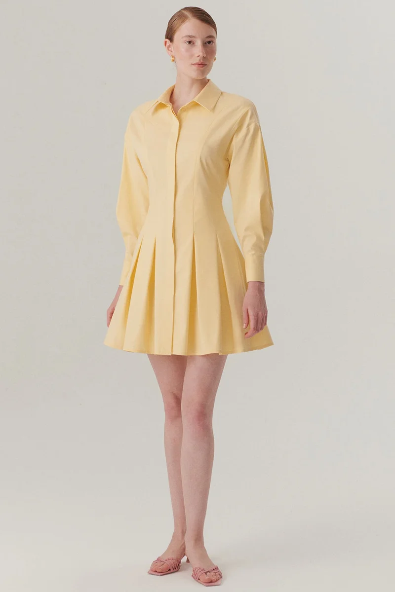 EXQUISE Dropped Sleeve Detail Pleated Yellow Mini Shirt Dress