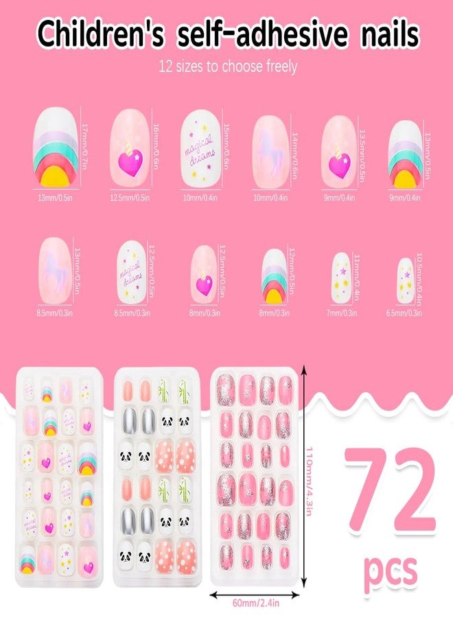 MAYCREATE® 72pcs Children Nails Press On Pre-glue Full Cover Fake Artificial False Nail Tips Colored Heart Doughnut Cloud Unicorn Short False Nail Kits Gifts for Kids Teenager Girls - Image 2