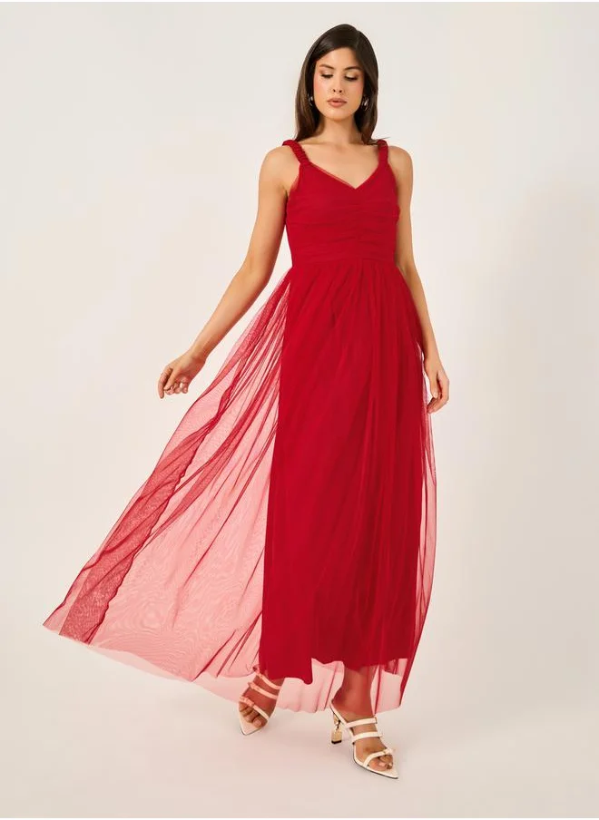 ستايلي Mesh Insert Strappy Maxi Dress with Gathered Detail