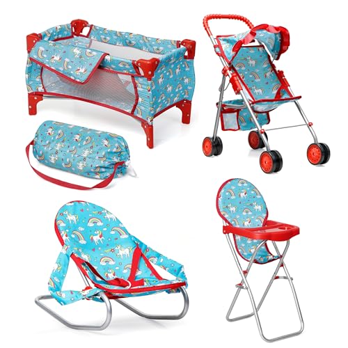 Fash n kolor 4 Piece Doll Play Set Doll Accessories Gift Toy Set Unicorn Design Includes Doll Foldable Bed Doll Stroller Doll High Chair and Doll Seat Dolls Gift Set 4 Piece Set - Image 1