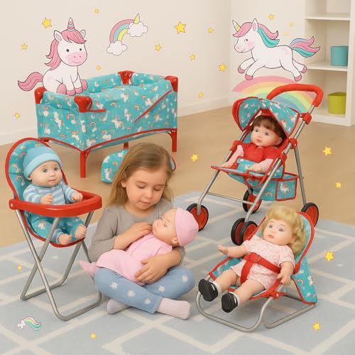 Fash n kolor 4 Piece Doll Play Set Doll Accessories Gift Toy Set Unicorn Design Includes Doll Foldable Bed Doll Stroller Doll High Chair and Doll Seat Dolls Gift Set 4 Piece Set - Image 5