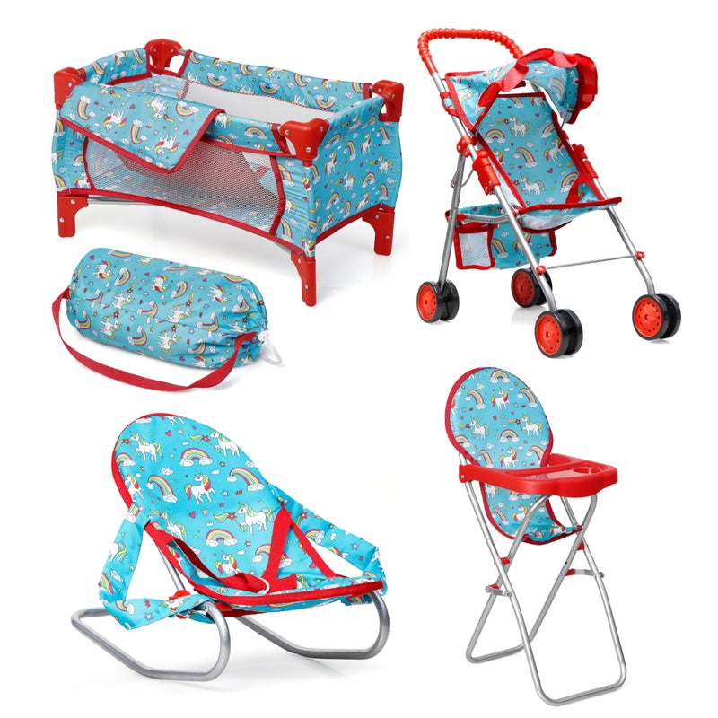 Fash n kolor 4 Piece Doll Play Set Doll Accessories Gift Toy Set Unicorn Design Includes Doll Foldable Bed Doll Stroller Doll High Chair and Doll Seat Dolls Gift Set 4 Piece Set - Image 3