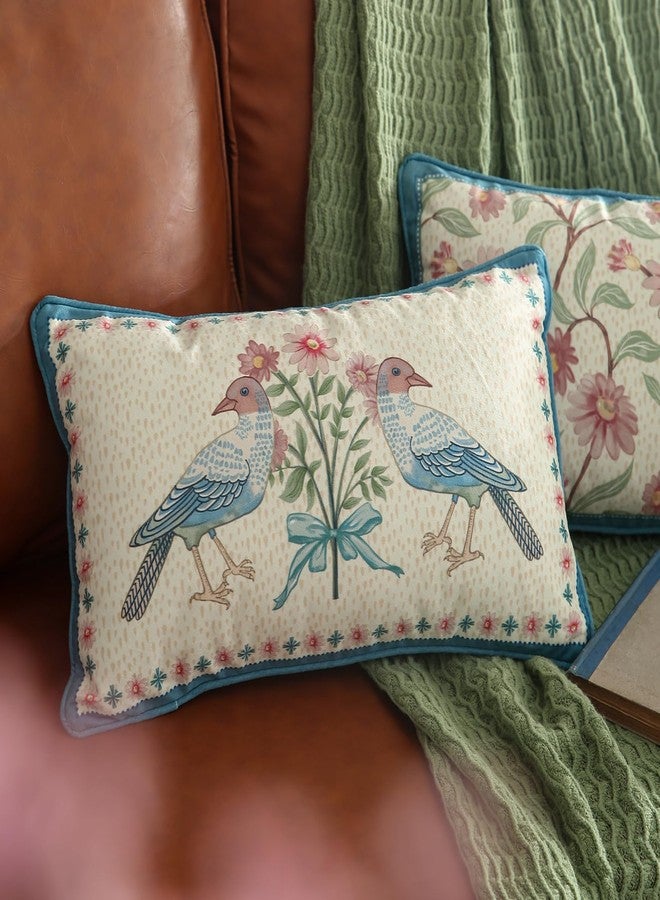 patdrea Designer Rectangle French Country Velvet Throw Pillow Cover 12x20 inches,Elegant Blue Pink Birds Floral Pattern,Decorative Pillowcases Cushion for Bed Living Room Outdoor Car,Pack of 2 - Image 2