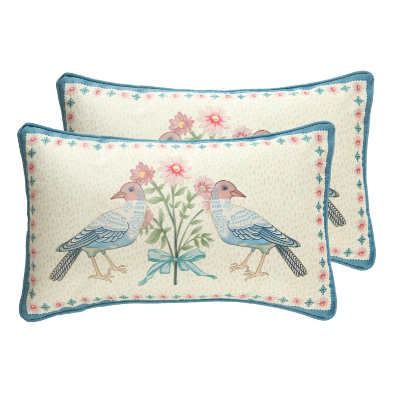 patdrea Designer Rectangle French Country Velvet Throw Pillow Cover 12x20 inches,Elegant Blue Pink Birds Floral Pattern,Decorative Pillowcases Cushion for Bed Living Room Outdoor Car,Pack of 2 - Image 1
