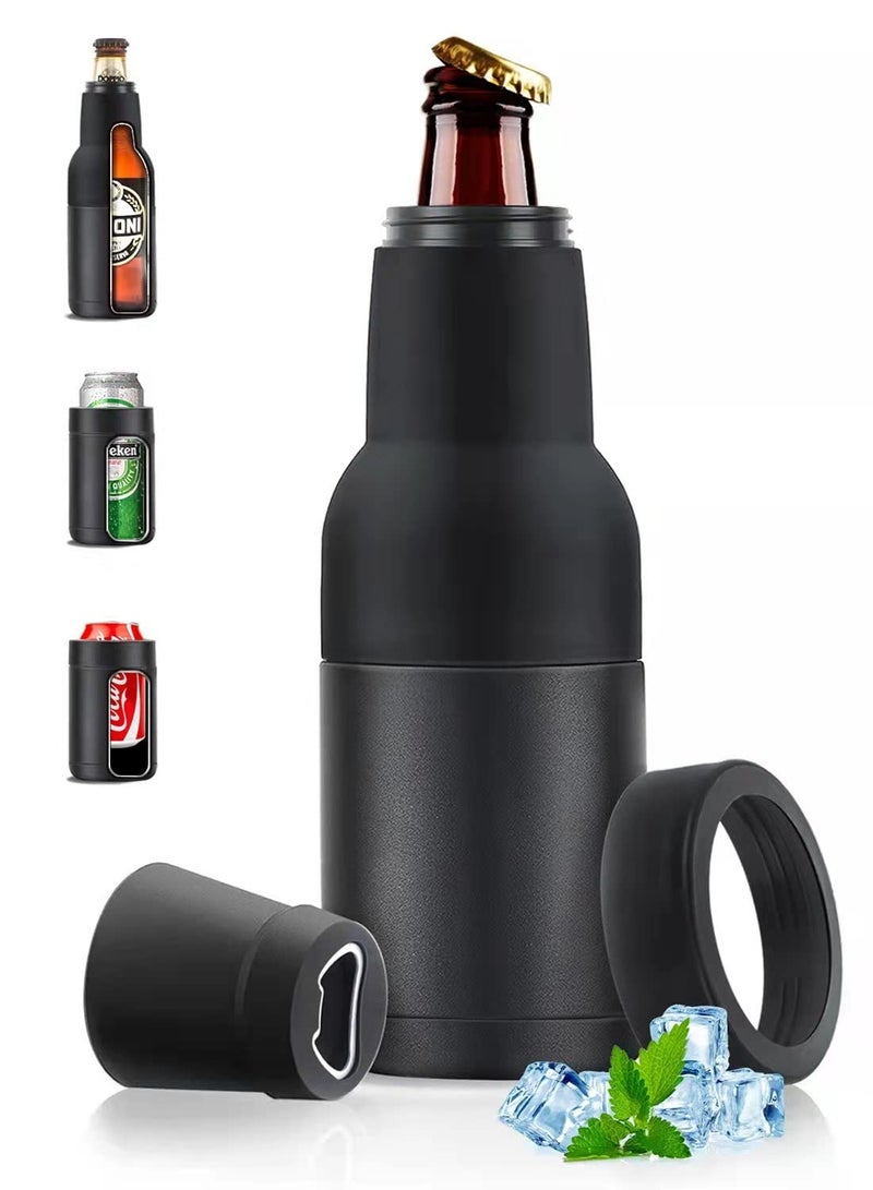 3 in 1 Can Cooler, Beer Bottle Insulator, Beer Bottle and Can Cooler with Beer Opener, 12 oz, Slim Can Beer Bottle Insulators Holder, Vacuum Insulated Double Walled Stainless Steel (Matte Black) - Image 1