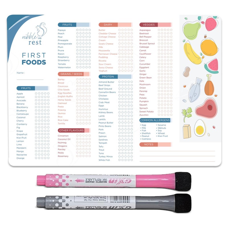 Nibble and Rest Baby's First Foods Tracker Fridge Magnet, Dry Erase Activity Poster, Daily Food Log, 101 Before One, Baby Food Chart/Checklist 25x35cm - Image 1
