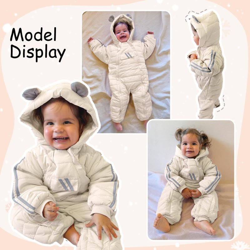 JiAmy Baby Snowsuit Baby Bear Hooded Winter Outfit Double Girl Boy Zipper Winter Clothes Romper White 18-24 Months - Image 2
