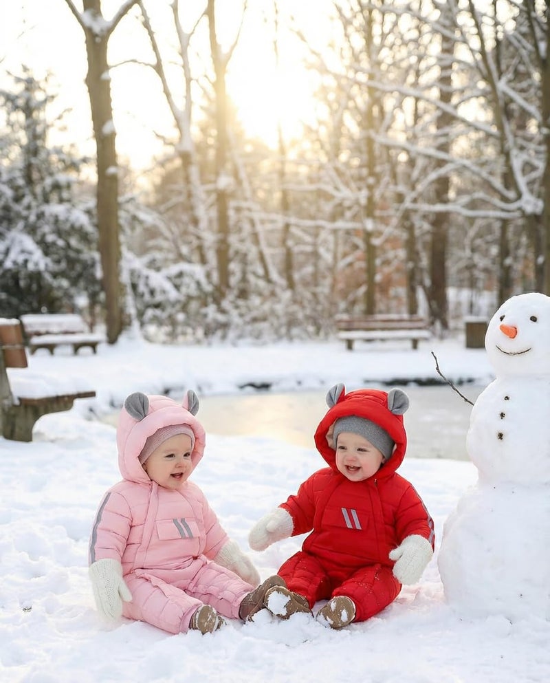 JiAmy Baby Snowsuit Baby Bear Hooded Winter Outfit Double Girl Boy Zipper Winter Clothes Romper White 18-24 Months - Image 4