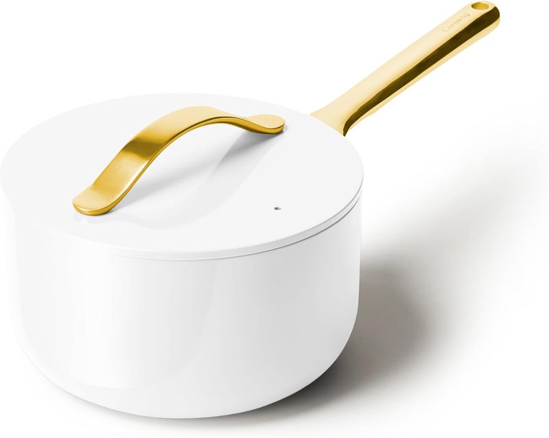 Caraway Nonstick Ceramic Sauce Pan with Lid 3 qt  Non Toxic PTFE  PFOA Free  Oven Safe  Compatible with All Stovetops Gas Electric  Induction  White - Image 1