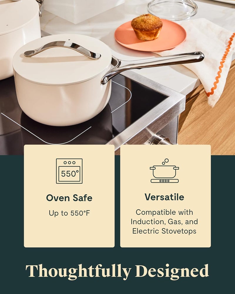 Caraway Nonstick Ceramic Sauce Pan with Lid 3 qt  Non Toxic PTFE  PFOA Free  Oven Safe  Compatible with All Stovetops Gas Electric  Induction  White - Image 4