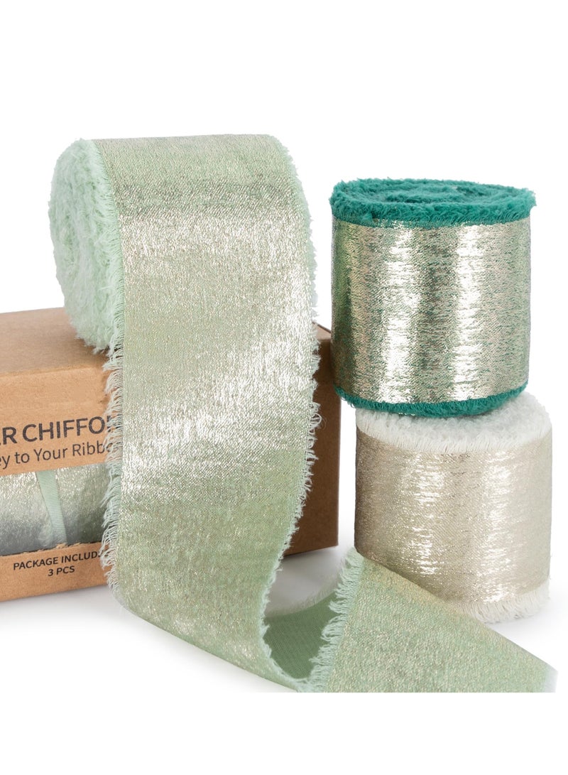 XiuWoo 3 Rolls Green Chiffon Ribbon, Shimmery Gold Silk Ribbon Ribbons Set for Gift Wrapping Flower Bouquet Wedding Decor DIY, 4cm*4.5m, hot stamping  - Image 1