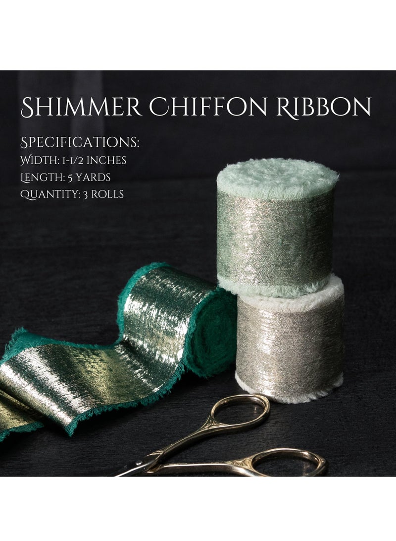 XiuWoo 3 Rolls Green Chiffon Ribbon, Shimmery Gold Silk Ribbon Ribbons Set for Gift Wrapping Flower Bouquet Wedding Decor DIY, 4cm*4.5m, hot stamping  - Image 2