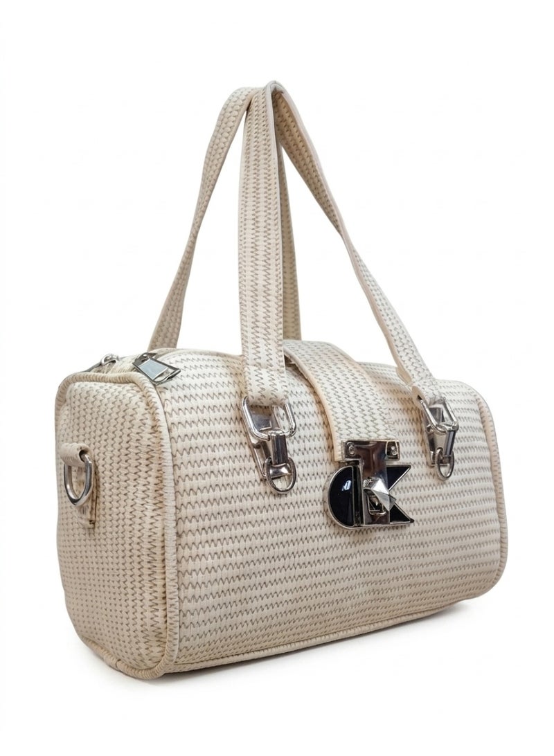 Women's Small Handbag,Woven Design, Silver Metal Accessories (Beige)