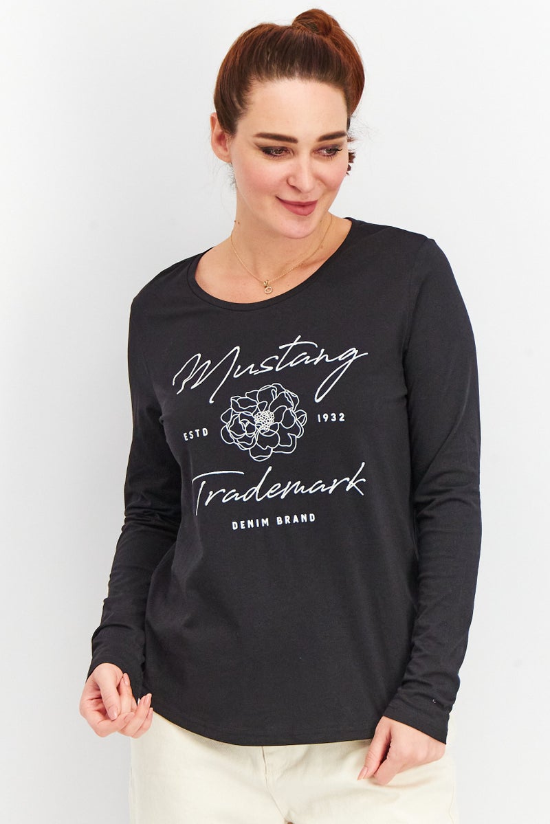 Mustang True Denim Women Round Neck Long Sleeves Graphic Top, Black - Image 1