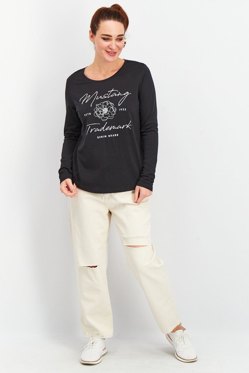 Mustang True Denim Women Round Neck Long Sleeves Graphic Top, Black - Image 3
