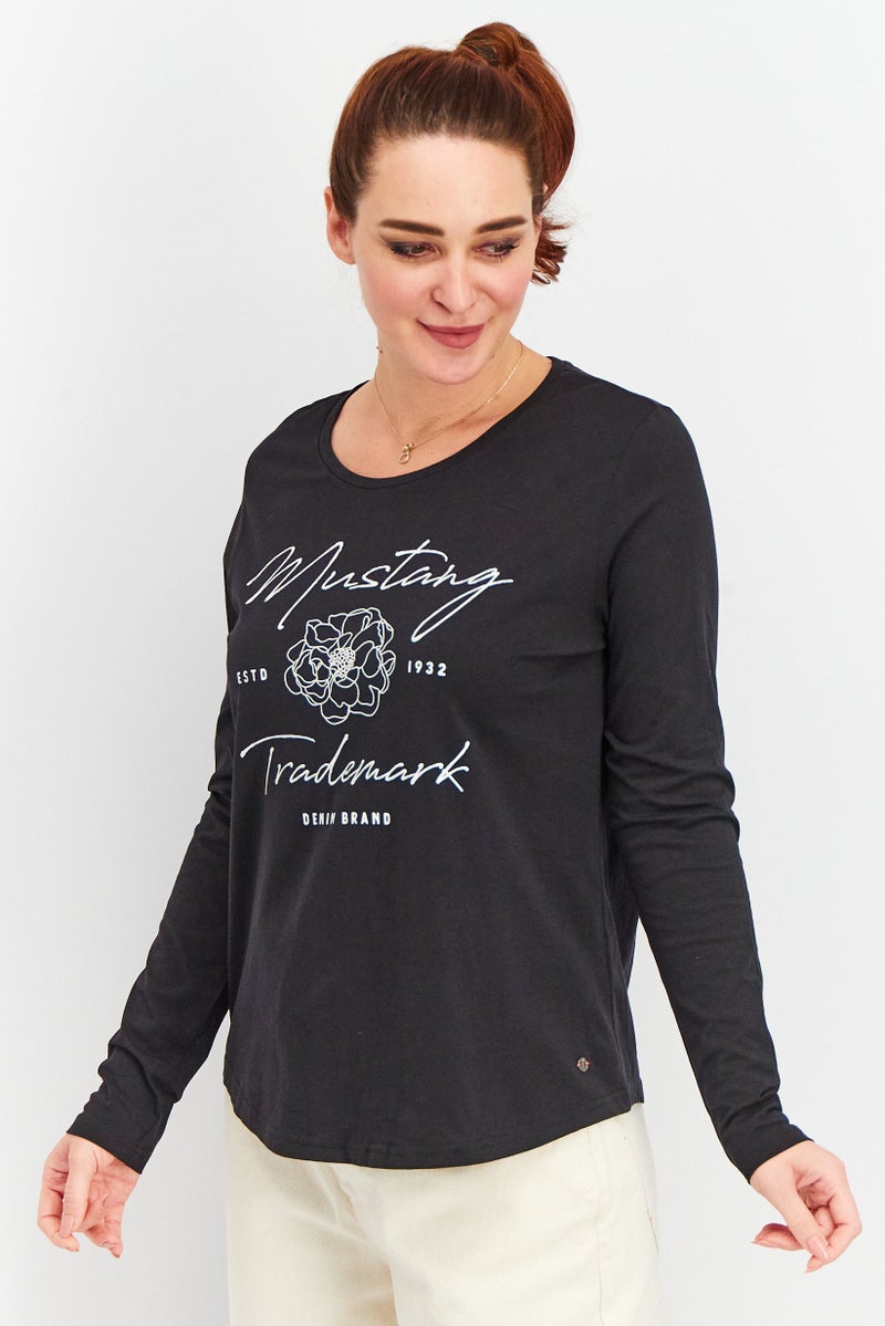 Mustang True Denim Women Round Neck Long Sleeves Graphic Top, Black - Image 2