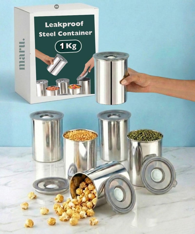 MARU Steel Airtight Storage Containers for kitchen 1Kg (1250ml) Set of 6,Leakproof jars suitable for Fridge, Dabba with Secure Silicone Vent semi transparent Lids, Perfect to Store Food and Liquids - Image 1