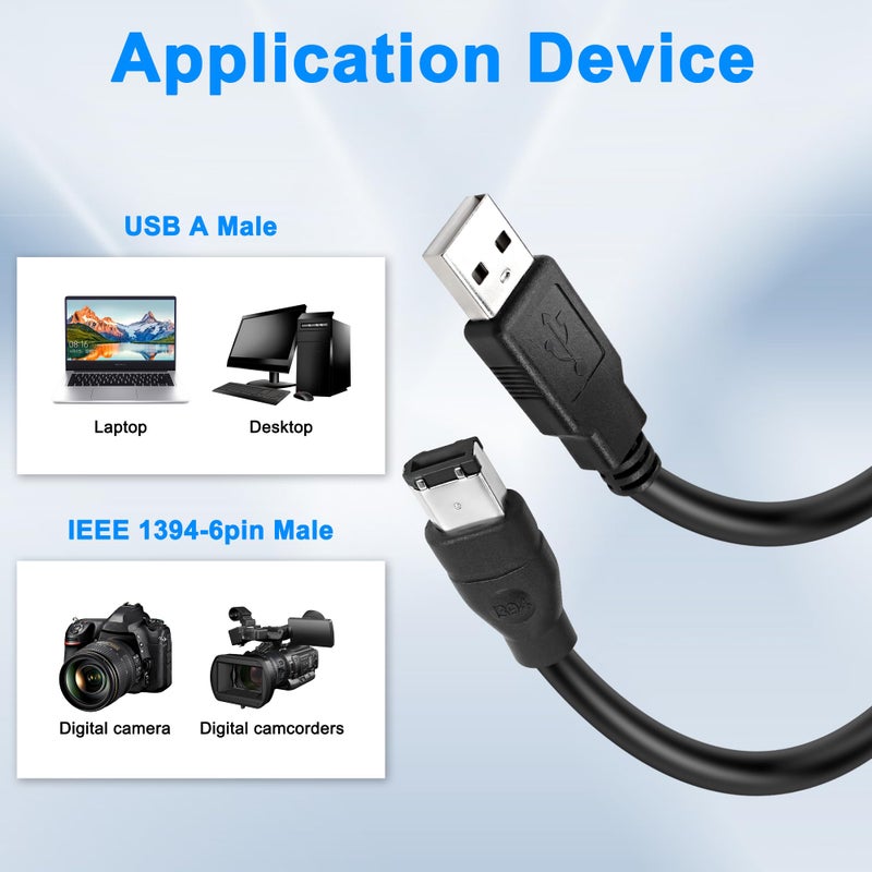 MEIRIYFA كابل محول MEIRIYFA Firewire 1394 6 دبوس إلى USB، محول بيانات Firewire IEEE 1394 6 دبوس ذكر إلى USB 2.0 نوع A ذكر للطابعة والماسح الضوئي والقرص الصلب، لا يدعم محرك الأقراص/بطاقة الصوت-1.8م - Image 2