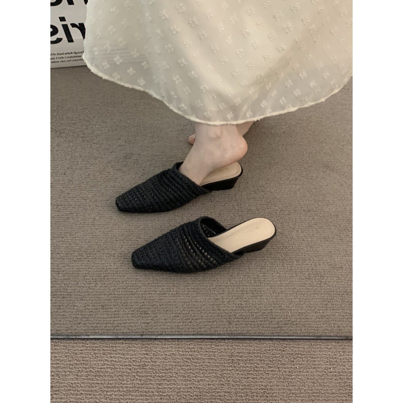 French-Style Niche Wedge Woven Mules For Women, Suitable For Outdoor Wear, 2025 Summer High Heels Paired With Skirts, Evening Closed-Toe Shoes - Image 1