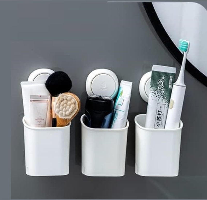 UrbanBite Tooth brush Holder for Bathroom Wall Mounted Toothbrush Holders Self Adhesive Plastic for Bathroom Organization Wall Stand Toothpaste For Toothbrush Razer Trimmer Brushes (Pack of 3) - White - Image 1