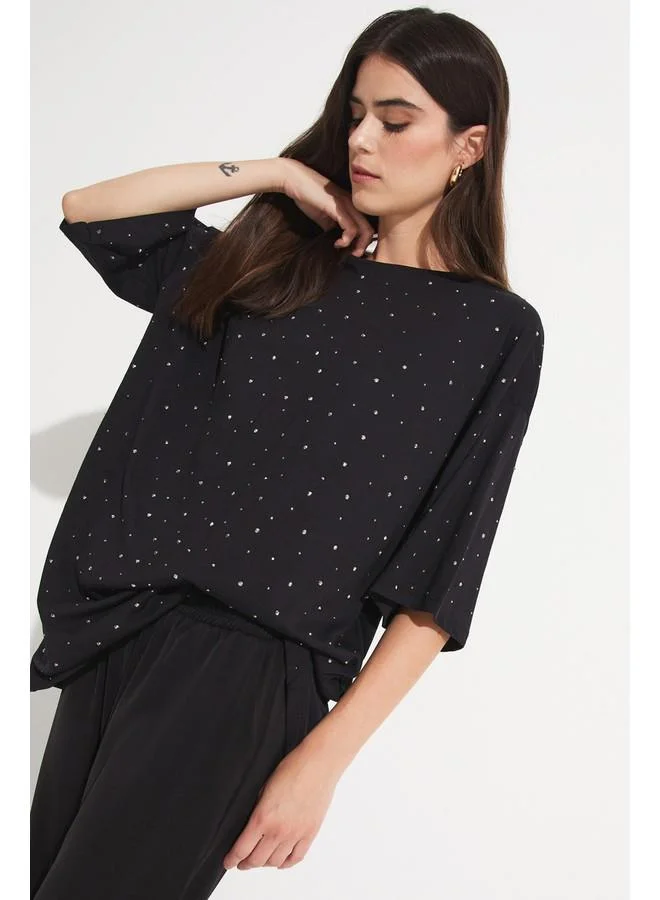 JUNE Women Crew Neck Stone Detailed Oversize Cotton Tshirt Black