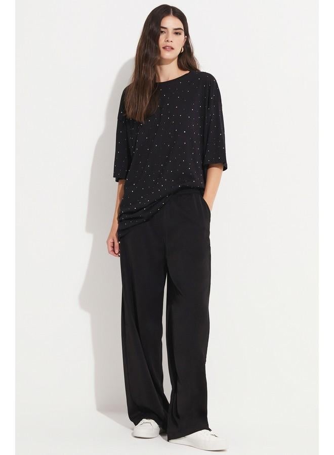 JUNE Women Crew Neck Stone Detailed Oversize Cotton Tshirt Black - Image 2