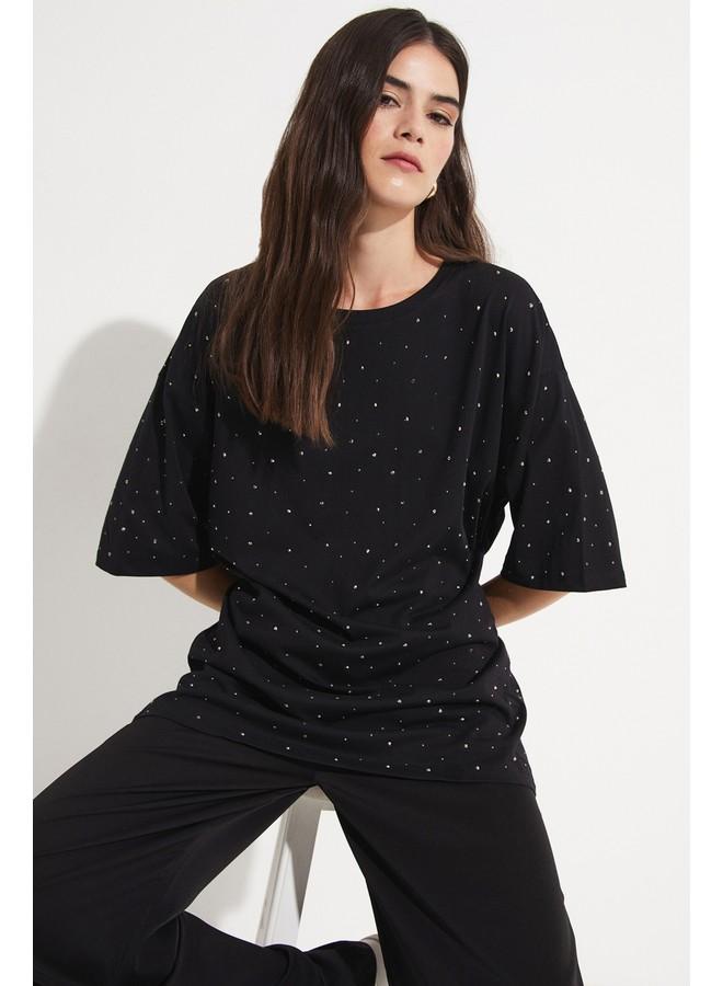 JUNE Women Crew Neck Stone Detailed Oversize Cotton Tshirt Black - Image 3